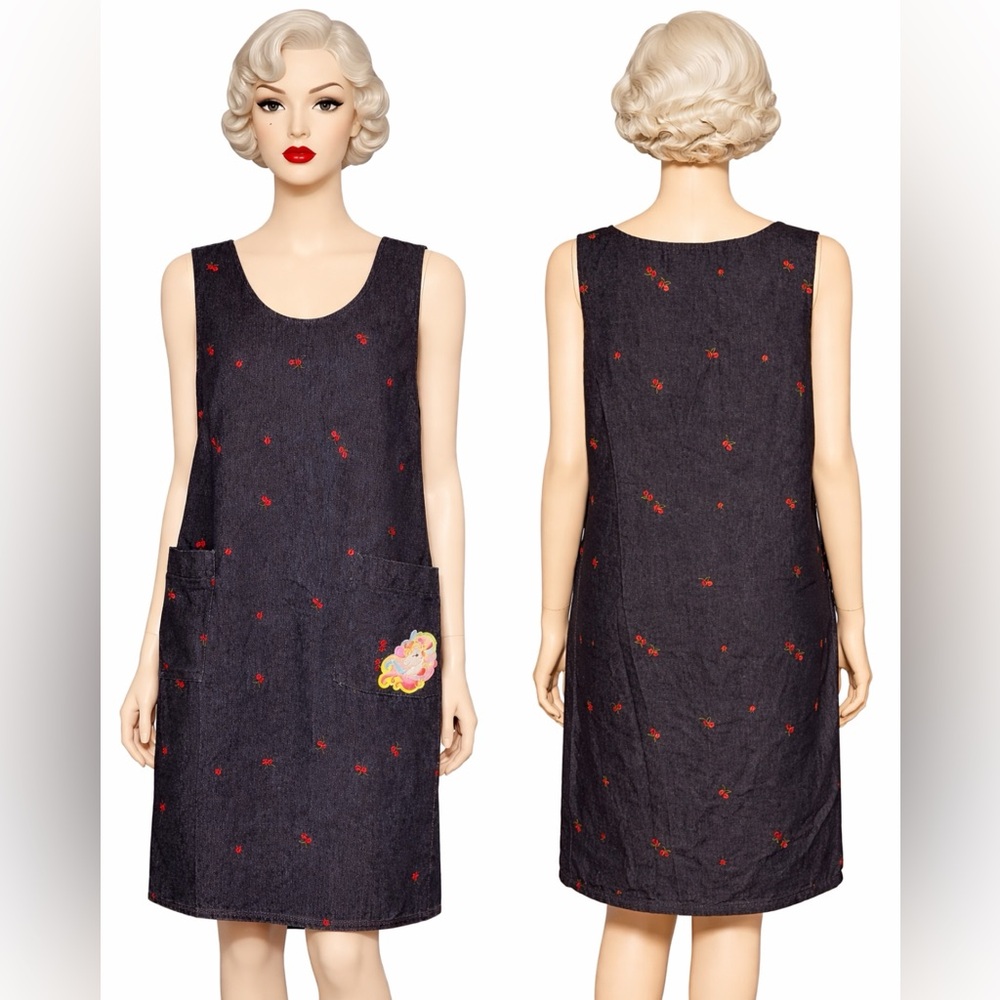 Denim cherry embroidered sheath dress with unicorn patch pocket. L